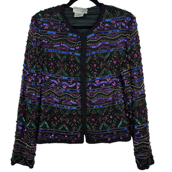 Papell Boutique Evening Vintage 100% Silk Beaded Sequin Jacket 14P Wedding Party - Picture 1 of 16